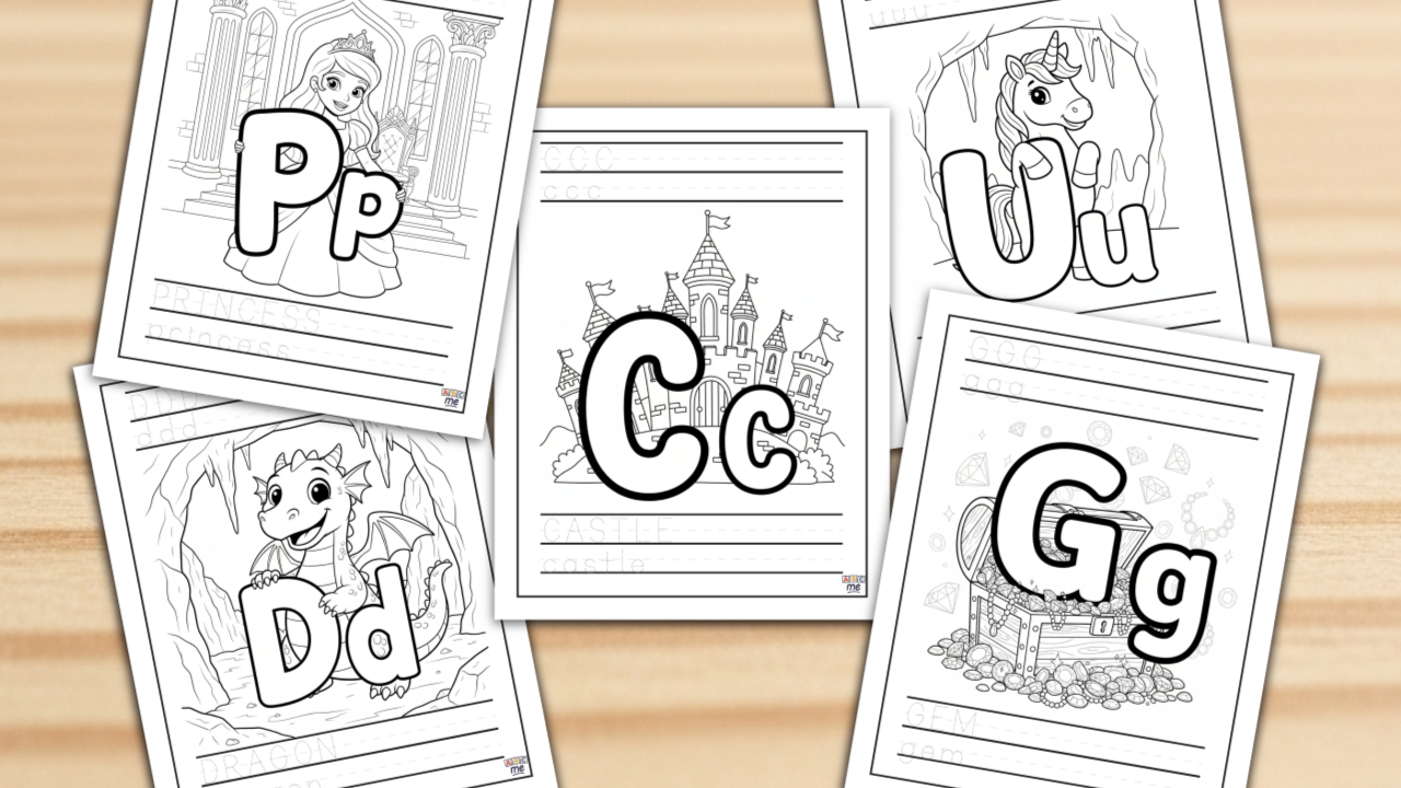 ABCme Free Pages Fantasy Example - Princess, Castle, Unicorn, Dragon, Gems