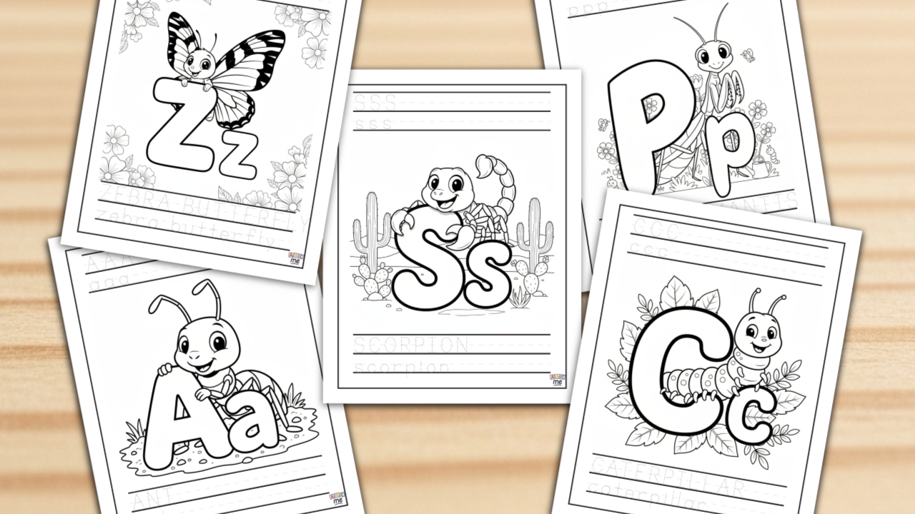 ABCme Free Pages Fantasy Example - Butterfly, Scorpion, Praying Mantis, Ant, Caterpillar